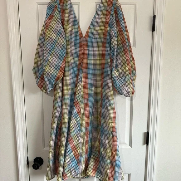 GANNI Seersucker Puff-Sleeve Dress - Picture 4 of 6